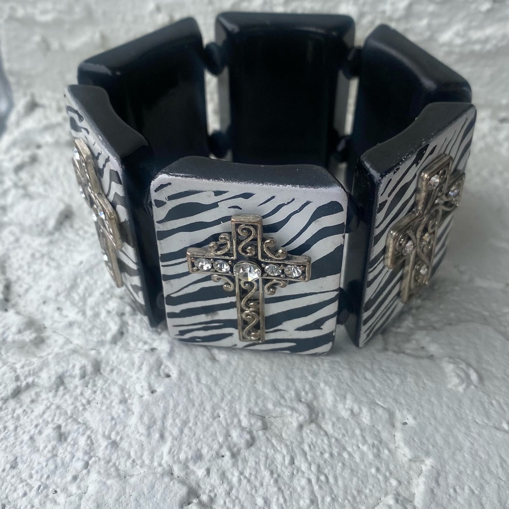 Zebra Print Stretch Bracelet with Rhinestone Cross Accents